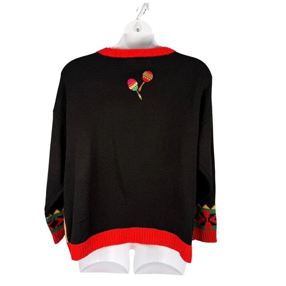 Feliz Navidad Ugly‎ Christmas Sweater 1X Embroidered Santa Reindeer Hot Peppers